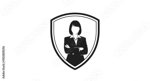 Businesswoman in shield logo silhouette.