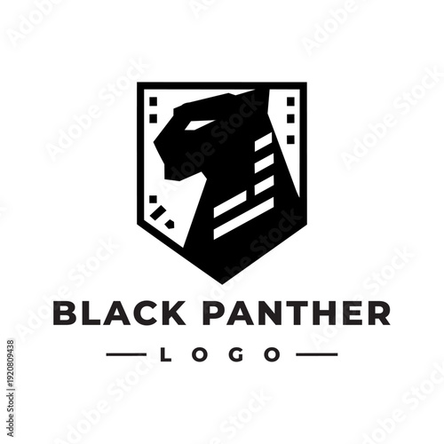 Powerful black panther logo vector illustration featuring a geometric shield motif with bold typography design ideal for modern sports teams or strong corporate brand identity