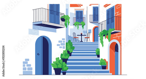 A colorful illustration depicts a mediterranean street scene with stairs balconies and plants featuring a dark silhouette high quality professional detailed