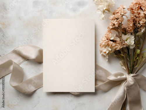 A Invitation mockup size 5x7 inches make it simple plain background with touch of beige no flowers just plain background add touch of ribbons but minimal.