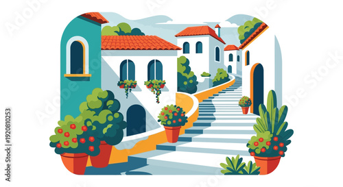 A vibrant mediterranean scene depicts colorful buildings winding stairs and lush foliage creating a picturesque view silhouette high quality professional detailed