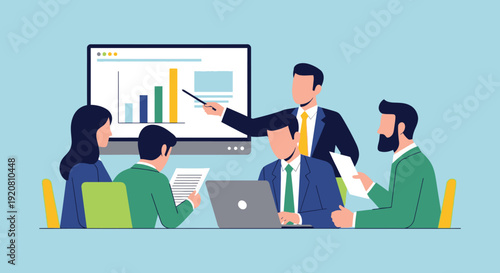A business meeting in progress featuring a presenter and team discussing data analysis rendered as a silhouette high quality professional detailed