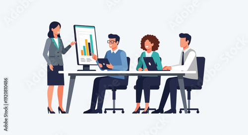 A business team collaborates around a conference table presenting data and strategizing a flat vector silhouette high quality professional detailed modern