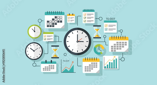 An arrangement of clocks calendars and charts illustrates time management and scheduling presented as a flat silhouette high quality professional detailed