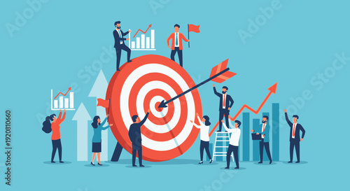 Business professionals celebrate success with a target and rising graphs depicted in a striking silhouette high quality professional detailed modern elegant