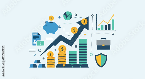 Financial growth illustration with icons representing money investment and success featuring a stark silhouette high quality professional detailed modern elegant stylish