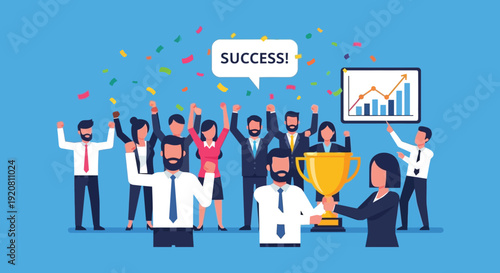 A team of business people celebrates a success with a trophy and rising graph depicted as a silhouette high quality professional