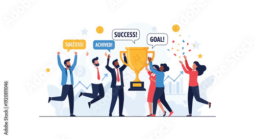 A vibrant illustration depicts a team celebrating success with a trophy and confetti presented in a flat silhouette high quality professional