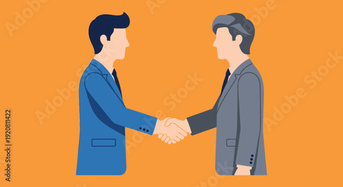 Two business professionals shake hands against a bright orange background presenting a clean minimalist silhouette high quality professional detailed modern elegant