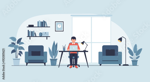 A person works on a laptop in a minimalist home office setting with plants and furniture silhouette high quality professional detailed