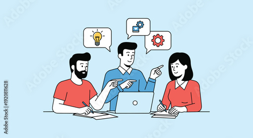 A group of three people collaborate around a laptop discussing ideas represented by icons above them silhouette high quality professional detailed