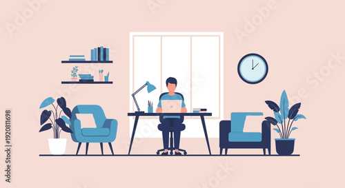 A person works on a laptop at a desk by a window with indoor plants and furniture silhouette high quality professional