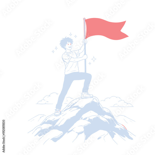 man raises a flag at the top illustration vector icon Vector illustration on a white background