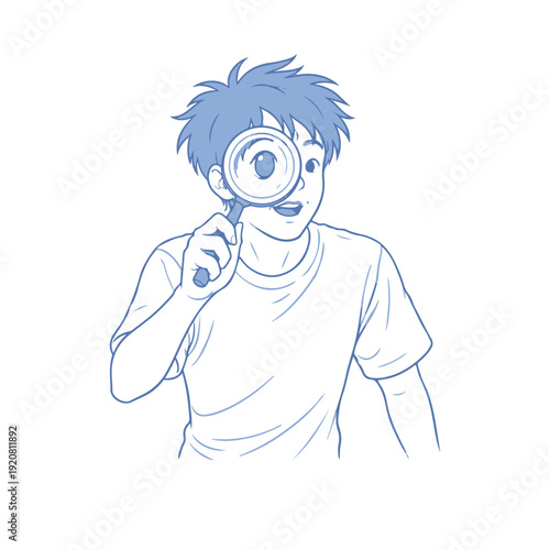 man looks through a magnifying glass illustration vector icon Vector illustration on a white background