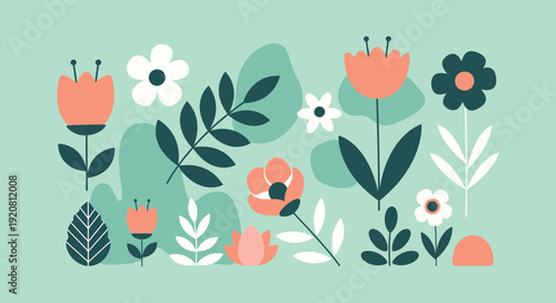 A charming floral arrangement featuring stylized blooms and foliage in a flat minimalist aesthetic silhouette high quality professional detailed modern elegant