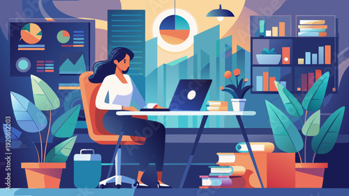 Woman working on laptop at desk in modern office with plants and city view during evening hours Generative AI