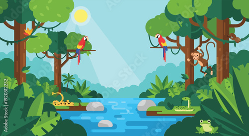 A vibrant jungle scene with colorful birds a monkey and reptiles near a river presented as a silhouette high quality professional