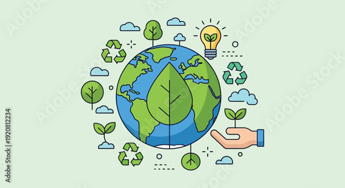 A vibrant illustration depicts earth with foliage a glowing bulb and recycling symbols emphasizing environmental consciousness silhouette high quality professional