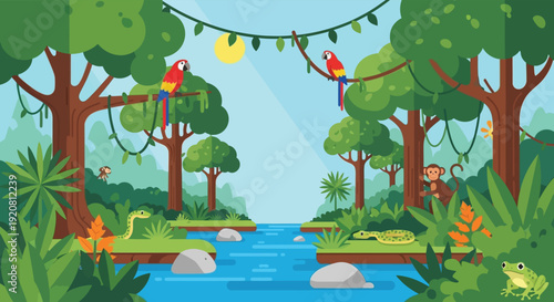 A vibrant jungle scene depicts colorful parrots a playful monkey and lush vegetation creating a tropical paradise silhouette high quality professional