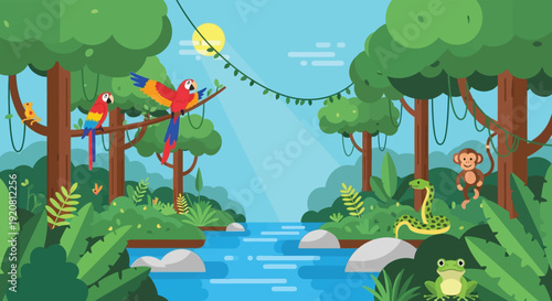 A vibrant jungle scene depicts colorful parrots a monkey and a snake near a river creating a beautiful silhouette high quality