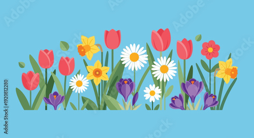 A vibrant arrangement of tulips daffodils daisies and crocuses bloom against a serene blue backdrop silhouette high quality professional detailed modern