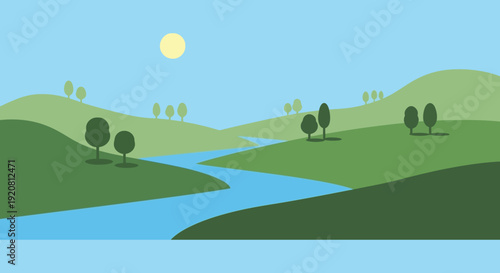 A serene landscape depicts rolling green hills a winding river and a bright sun presented as a striking silhouette high quality