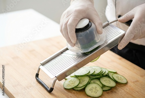 A chef in white gloves using a mandoline slicer with a safety guard to slice a cucumber.