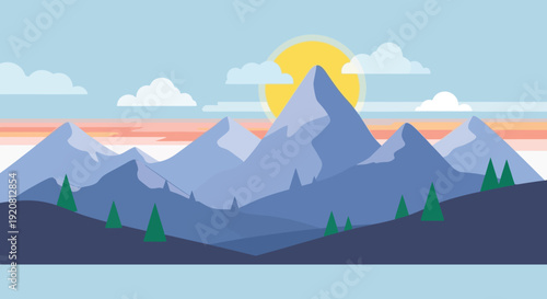 A vibrant landscape depicts mountains against a warm sunset creating a dramatic flat silhouette high quality professional detailed modern elegant stylish