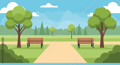 A peaceful park scene with lush green trees a winding path and two benches presented as a silhouette high quality professional