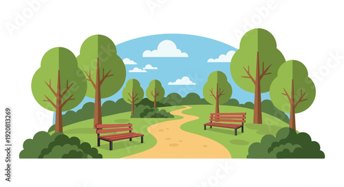 A peaceful park scene with trees a winding path and benches depicted in a flat graphic silhouette high quality professional detailed