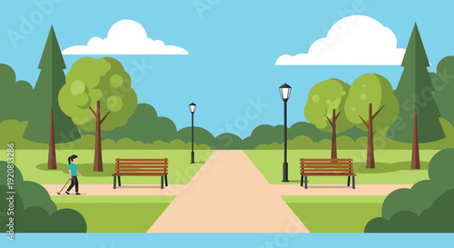 A peaceful park scene with trees benches and a walking figure rendered in a dark silhouette high quality professional detailed modern