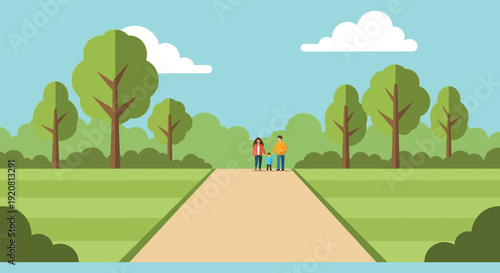 A family strolls down a tree lined pathway on a bright day creating a peaceful outdoor scene silhouette high quality professional detailed