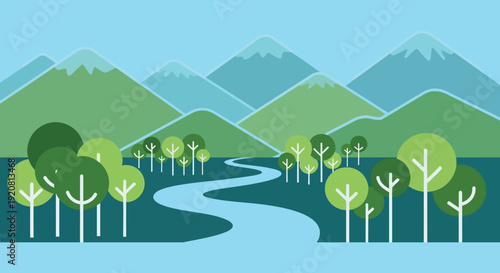 A tranquil landscape features layered mountains lush trees and a winding river in a flat dark silhouette high quality professional detailed