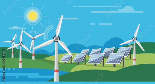 A vibrant landscape displays wind turbines solar panels and a bright sun creating a sustainable energy scene silhouette high quality