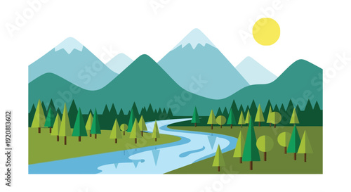 A stylized landscape depicts mountains trees and a winding river all rendered as a clean silhouette high quality professional detailed modern