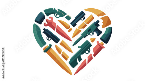 A unique heart-shaped illustration composed of firearms and bullets.