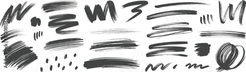 Black brush stroke collection, grunge ink paint swashes and artistic sketch lines, abstract vector texture set