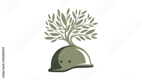 A symbol of peace emerging from a military helmet.