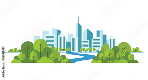 A vibrant cityscape with lush green trees and a winding river presented as a striking silhouette high quality professional detailed modern