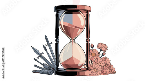 An artistic image of an hourglass, swords, and flowers symbolizing the passage of time.