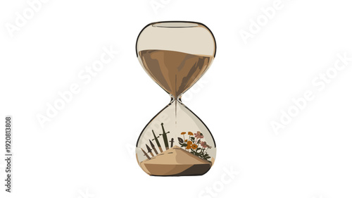 An illustrated hourglass depicts time, change, and the passage of moments.