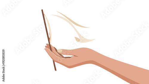 Hand holding a thin stick with a light smoke coming from it.
