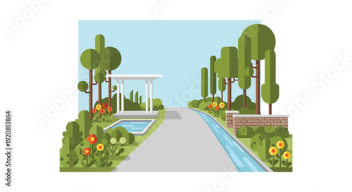 A flat vector illustration depicts a tranquil garden path leading to a classical pavilion a striking silhouette high quality professional detailed