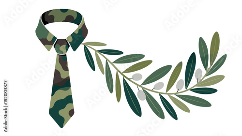 An illustration depicts a camo tie accompanied by an olive branch.