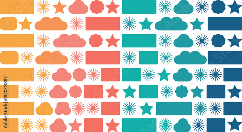 Colorful flat icon shapes seamless pattern vector set, stars clouds bursts rounded rectangles modern decorative background