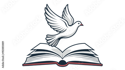 A serene dove soars gracefully above an open book.