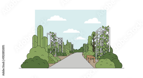 A whimsical desert landscape illustration featuring cacti trees a pathway and a distinctive silhouette high quality professional detailed modern elegant stylish