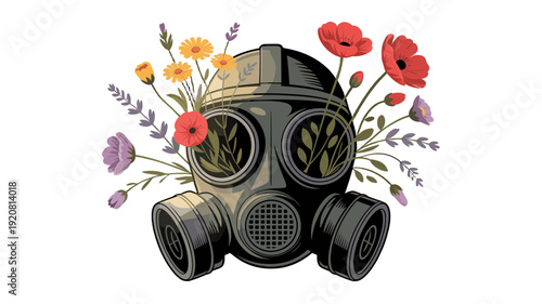 The image of a gas mask adorned with vibrant flowers, a visual metaphor of hope and resilience.