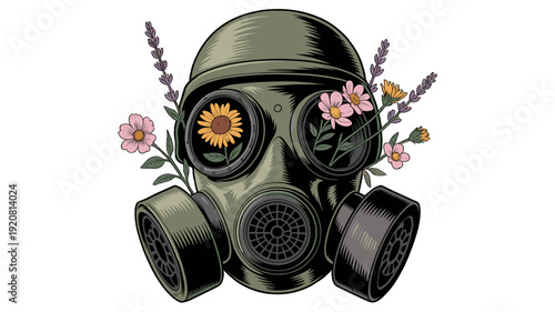 An artistic depiction of a gas mask with flowers intertwined.