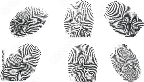 Fingerprint collection set, detailed black biometric identity marks with unique ridge patterns, forensic security illustration isolated on white